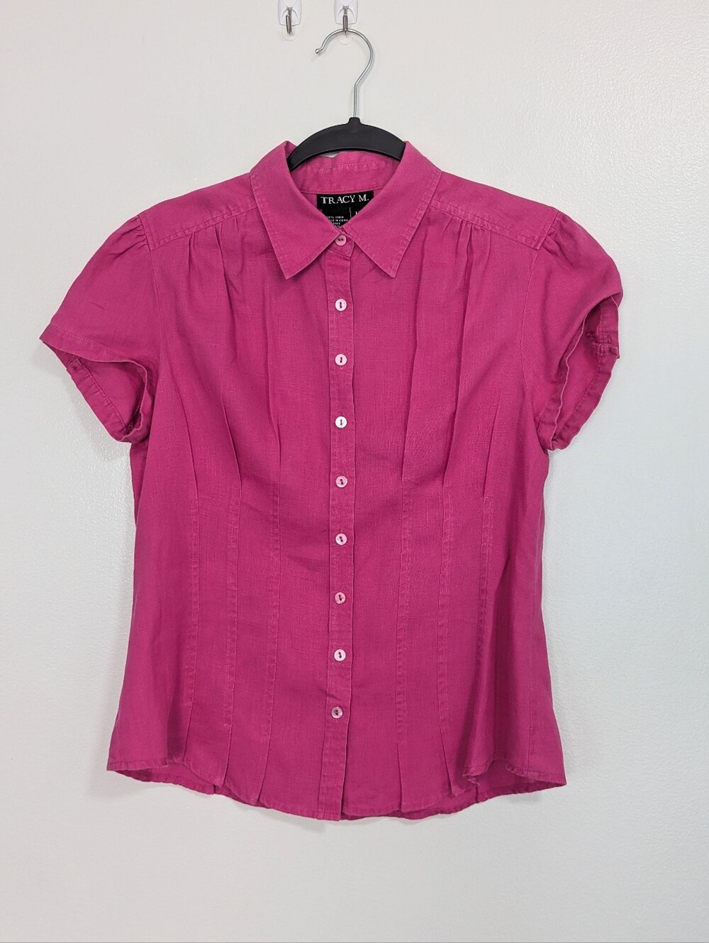 Vintage Y2K Tracy M Size Small Hot Pink 100% Linen Button Blouse